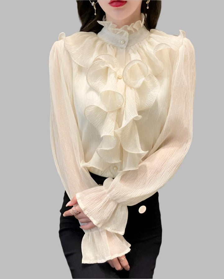 long sleeve ruffled chiffon blouse with stand collar – Tauret