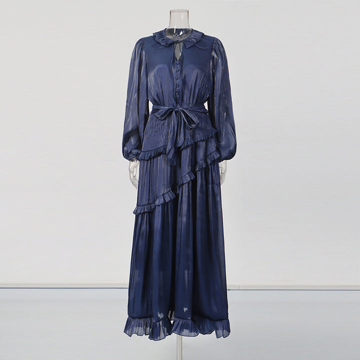 long sleeve chiffon ruffle maxi dress with waist tie – SERAPHINA