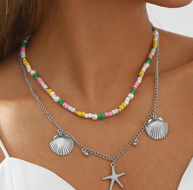 beaded layered necklace with starfish and shell charms - CORALIANA