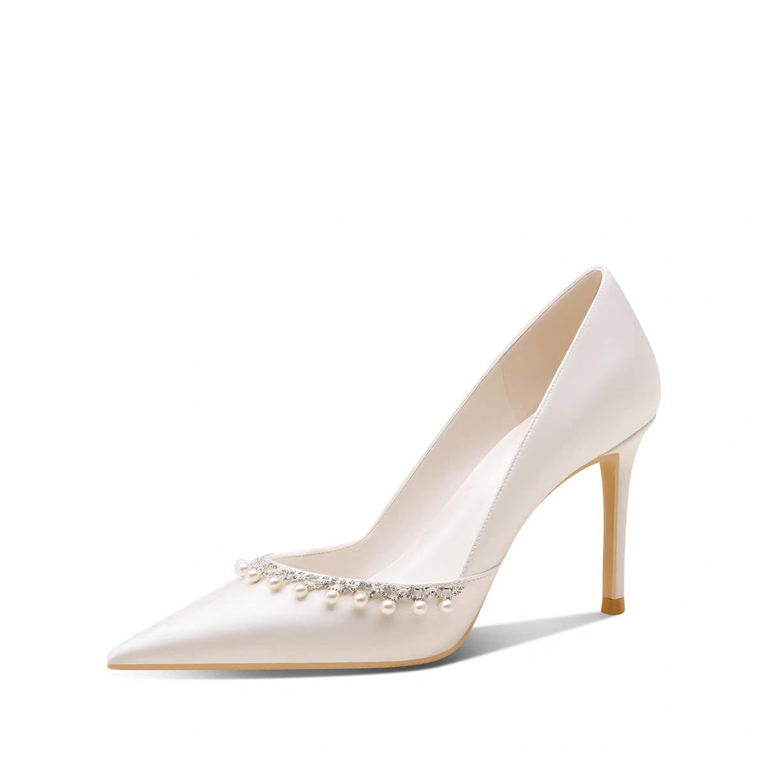 satin pointed-toe heels with pearl trim – ELARATU