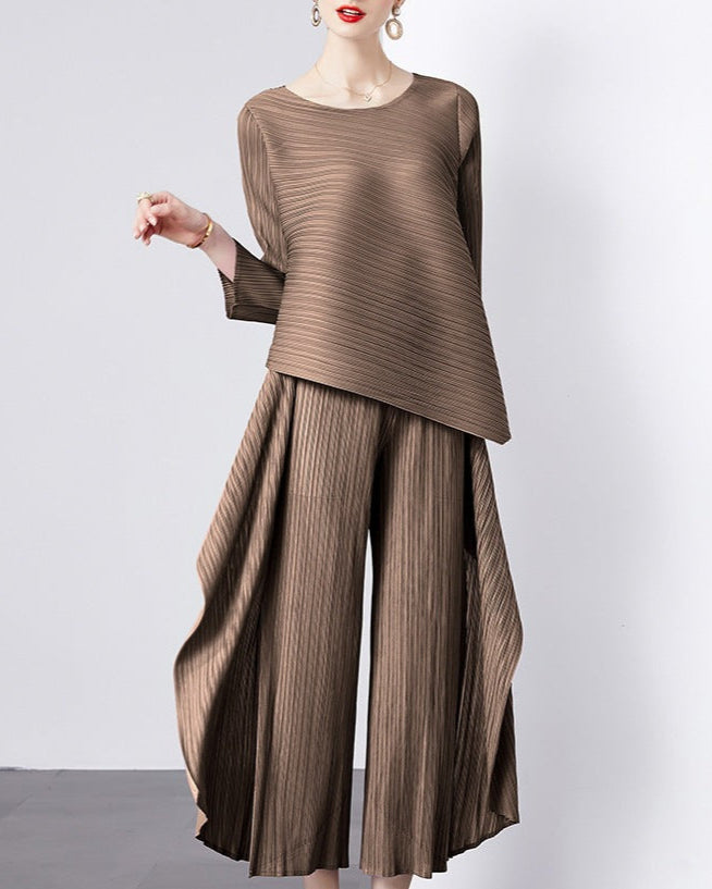 asymmetrical pleated top and wide-leg pants set - TERZA