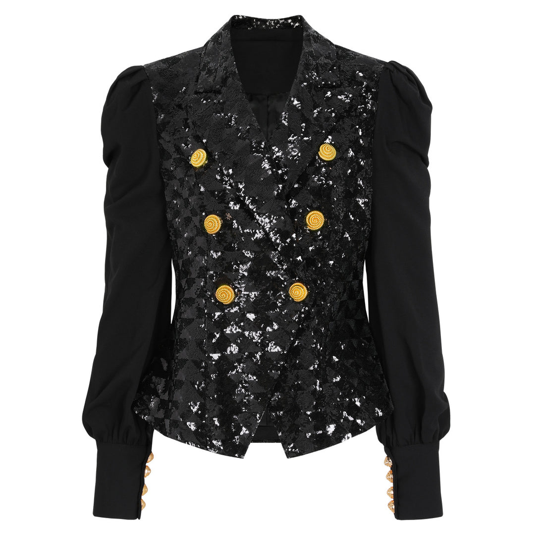 Sequined double-breasted blazer with puff sleeves and gold buttons – GOLD