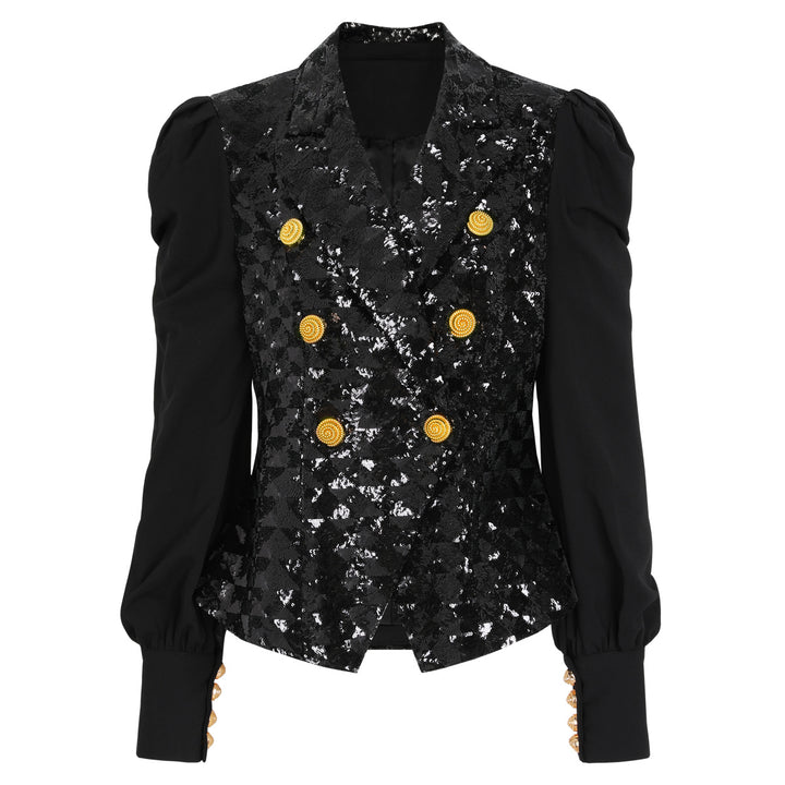 Sequined double-breasted blazer with puff sleeves and gold buttons – GOLD