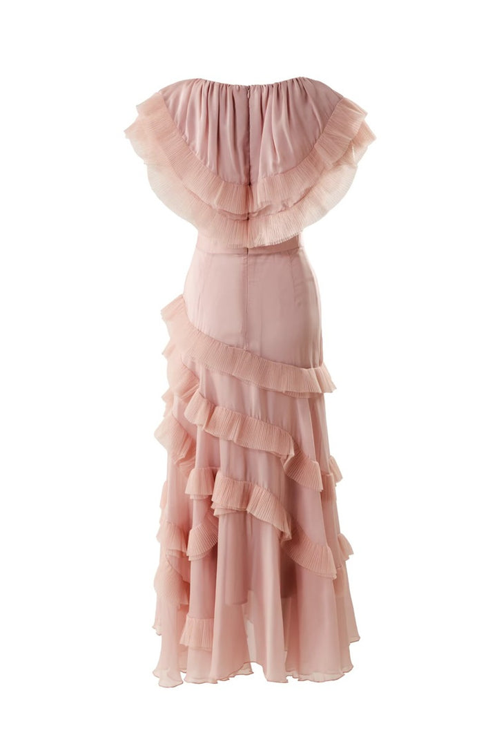 Ruffled chiffon midi dress with layered flounce details – BLUSHÉ