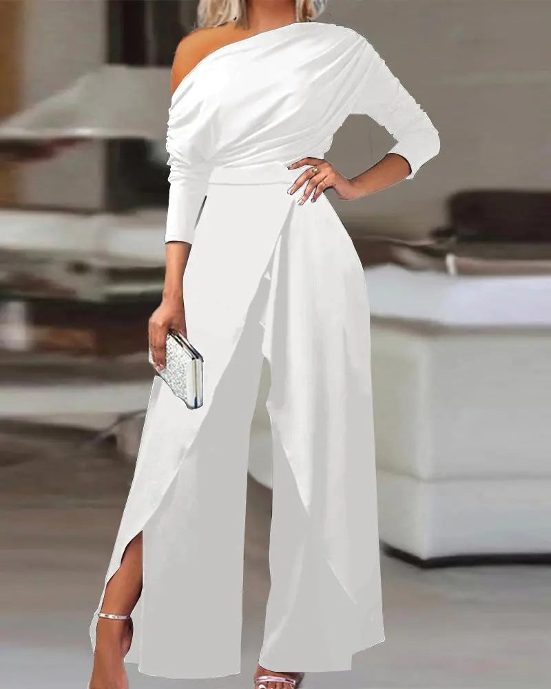 one-shoulder draped jumpsuit with front overlay - PONXSA