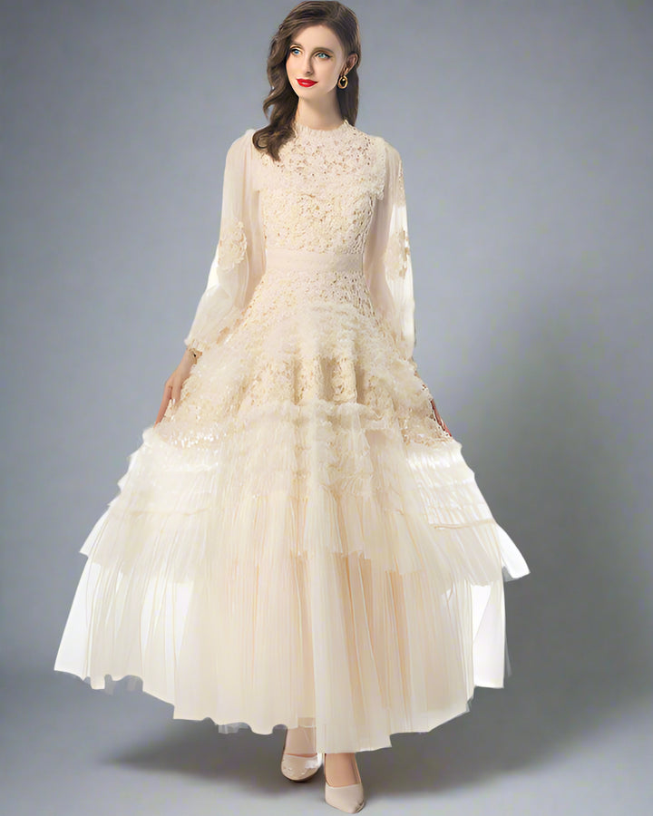 long-sleeve embroidered tulle gown with tiered skirt – ALINA
