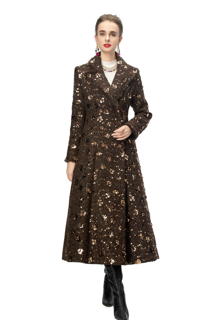 double breasted tweed long coat with metallic detailing – BRONZIA