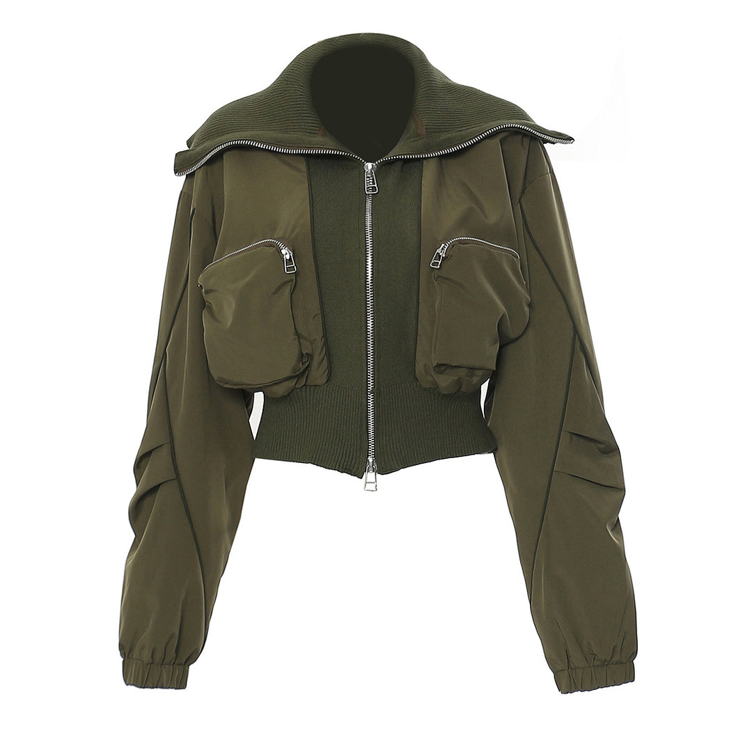 Cropped Utility Bomber Jacket with Zip Pockets – OLIVE