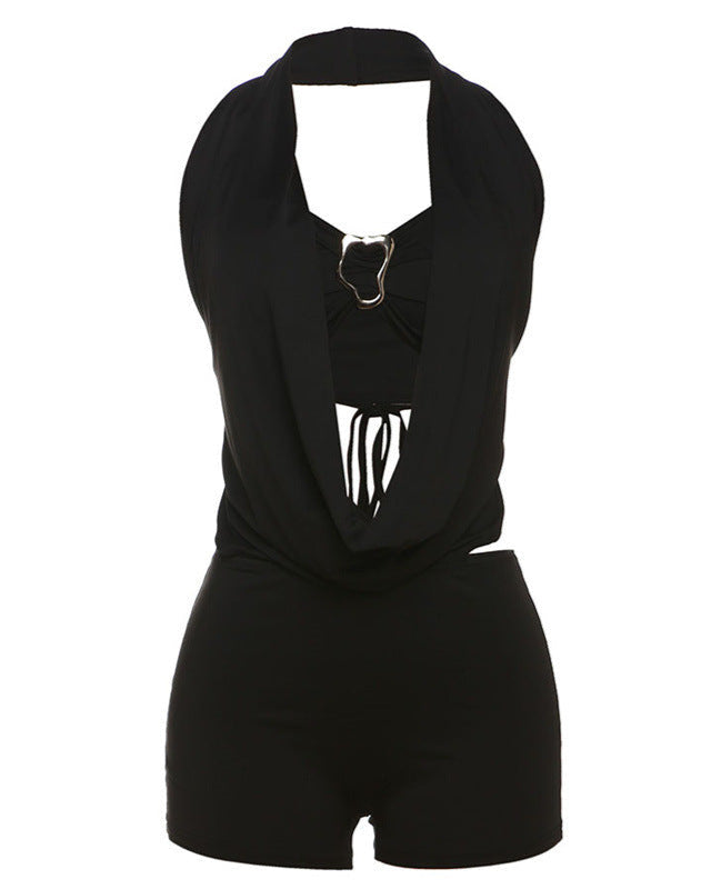 halter draped neckline jumpsuit with heart buckle - NOVAL