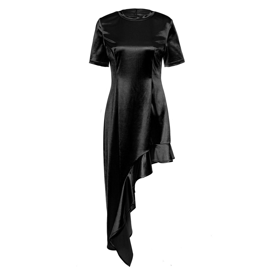 Short-sleeve satin midi dress with asymmetric ruffle hem – LIMEA