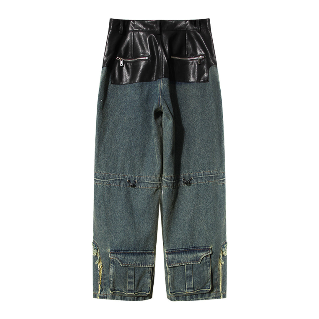 high-waist flared denim pants with leather contrast & utility pocket – RAVEN