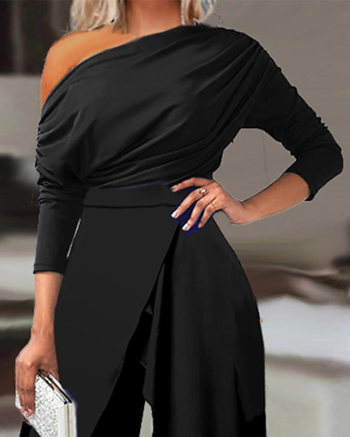 one-shoulder draped jumpsuit with front overlay - PONXSA