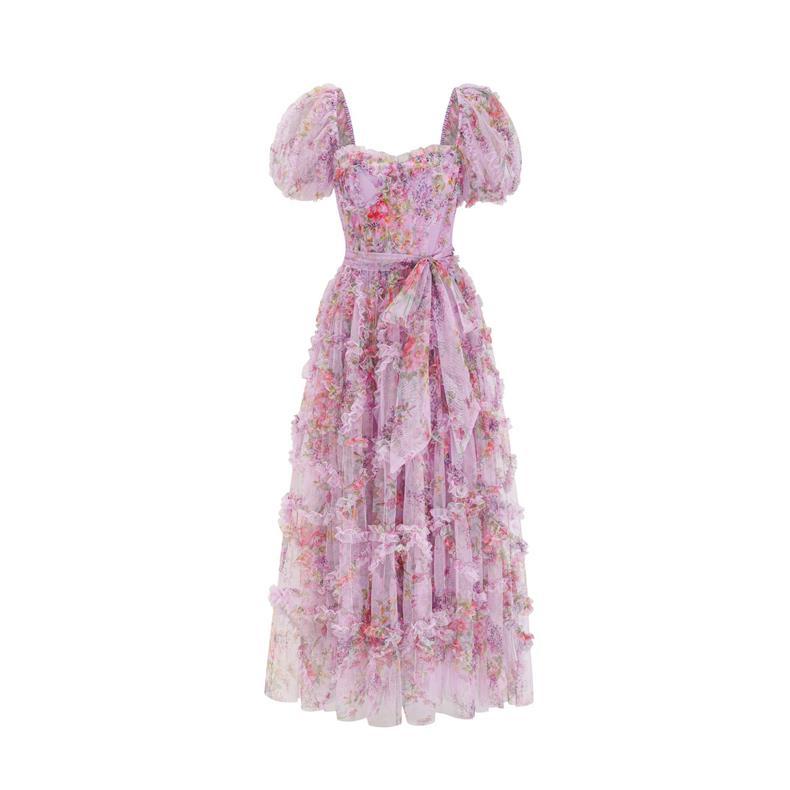 floral tulle midi dress with puff sleeves and waist tie – ELIORA