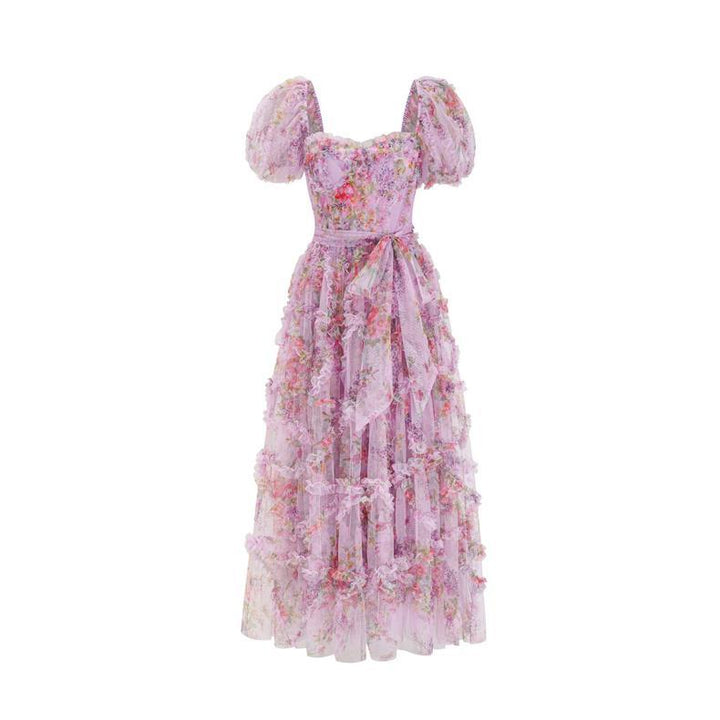 floral tulle midi dress with puff sleeves and waist tie – ELIORA