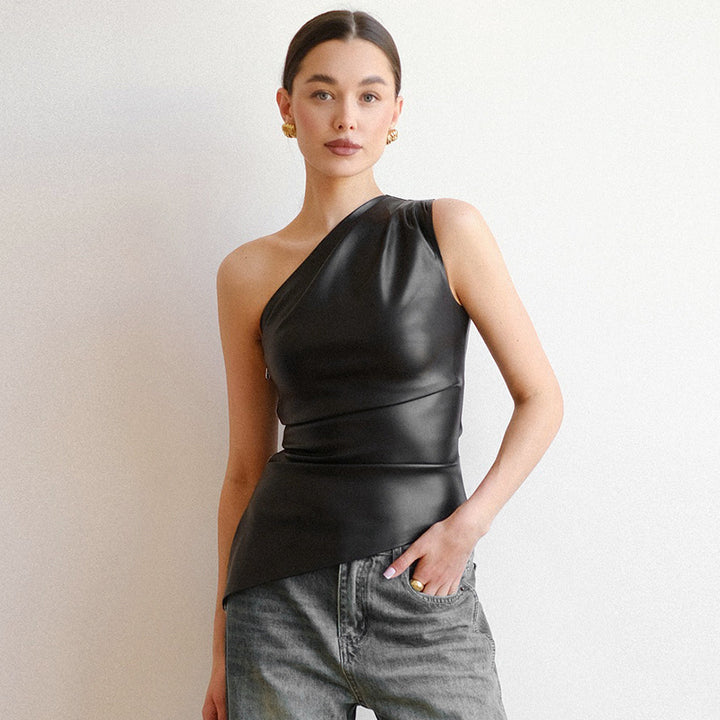 Solid Faux Leather Zipper Asymmetrical Tank Top
