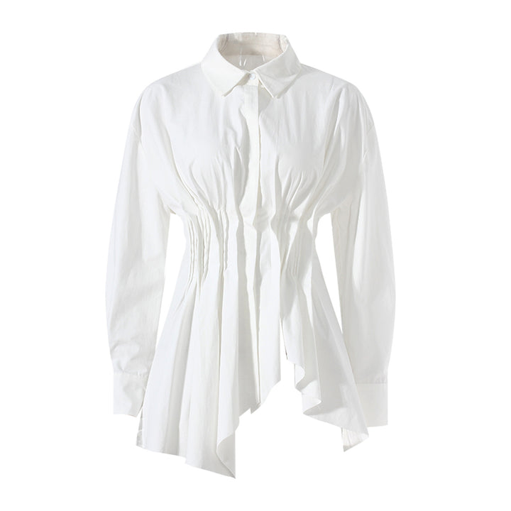 long-sleeve button-down shirt with ruched waist and flared hem – ODD- CLEO