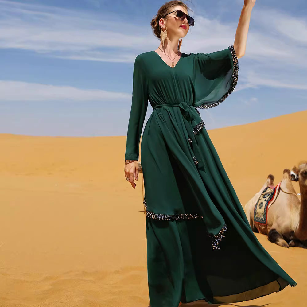 Elegant Long Sleeve Maxi Dress with Waist Tie – RAYEN
