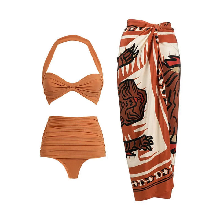 halter bandeau bikini set with printed wrap sarong – MUSE