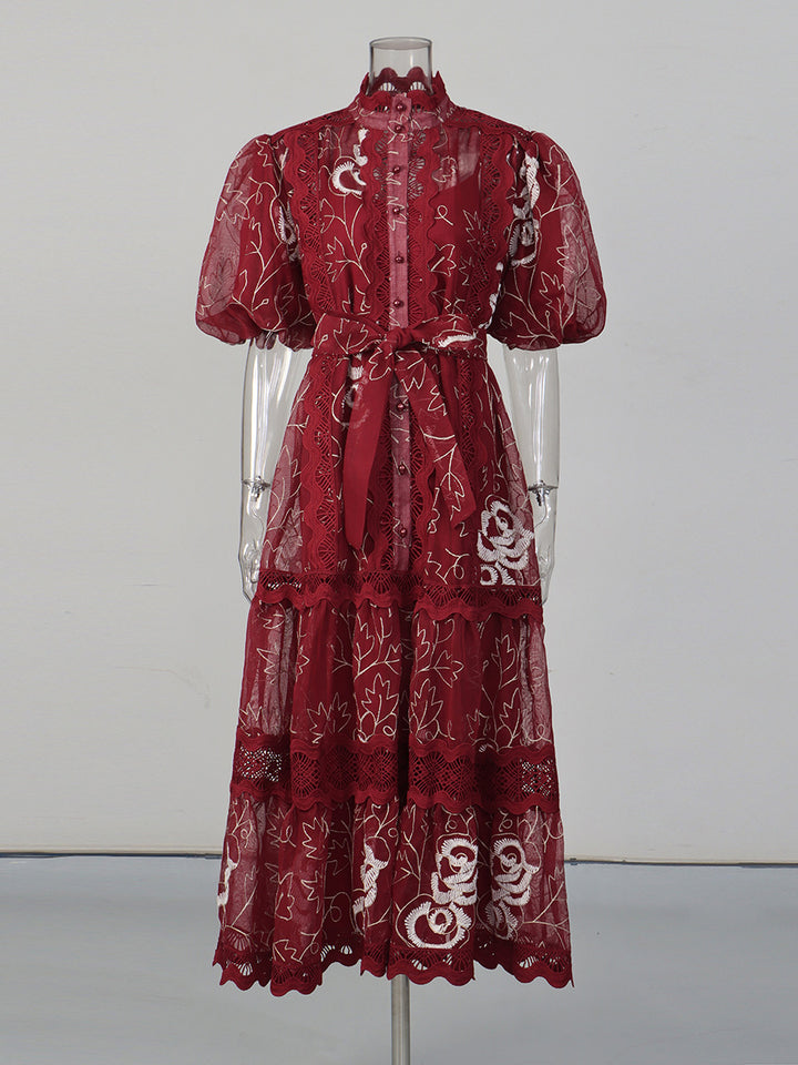 embroidered mesh tiered midi dress with belt – VELORA