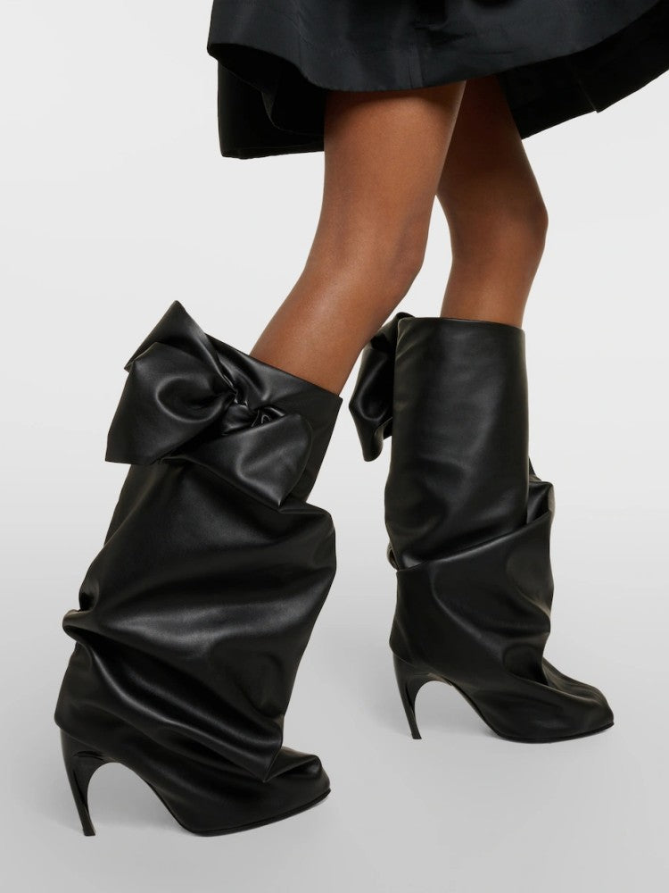 slouchy leather stiletto boots with oversized bow – NOIR