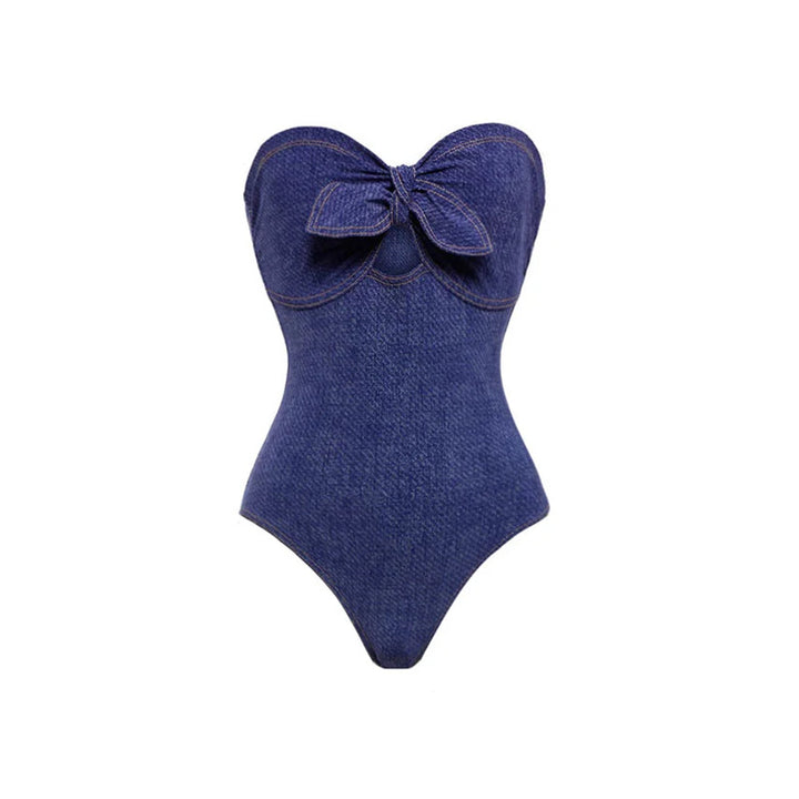 bow-front strapless one-piece with striped wrap skirt – RIVIERA
