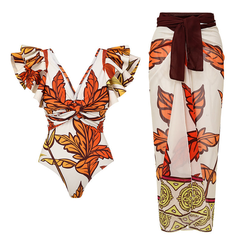 ruffle sleeve twist-front swimsuit with printed wrap sarong set – AUTUMN
