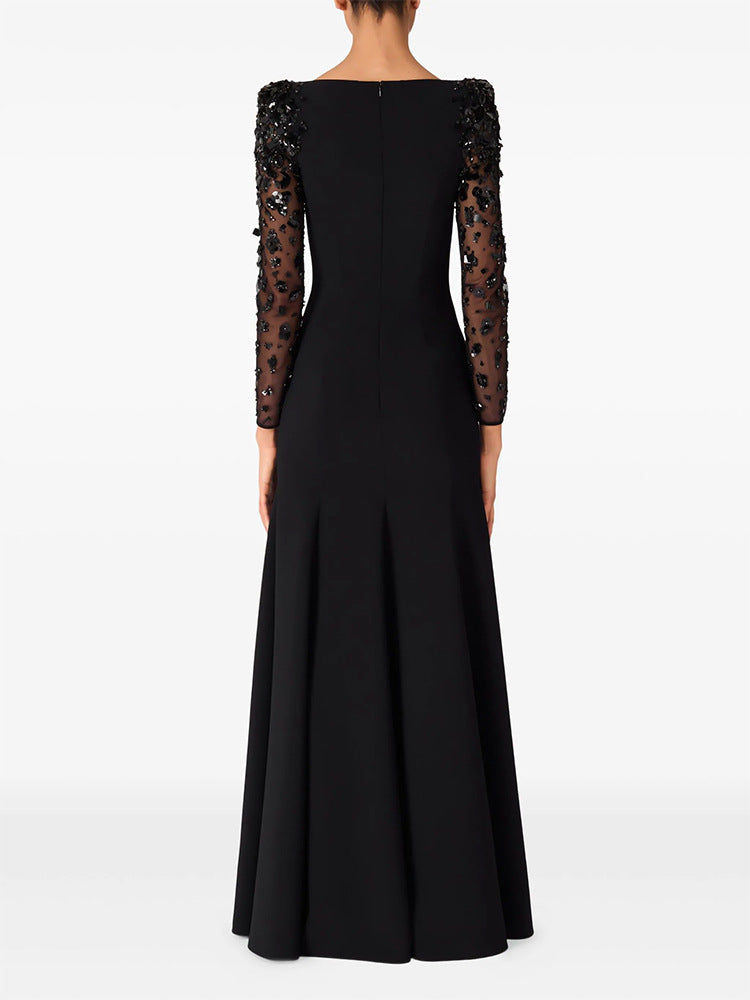 long column dress with embellished sheer sleeves - AUROXIA