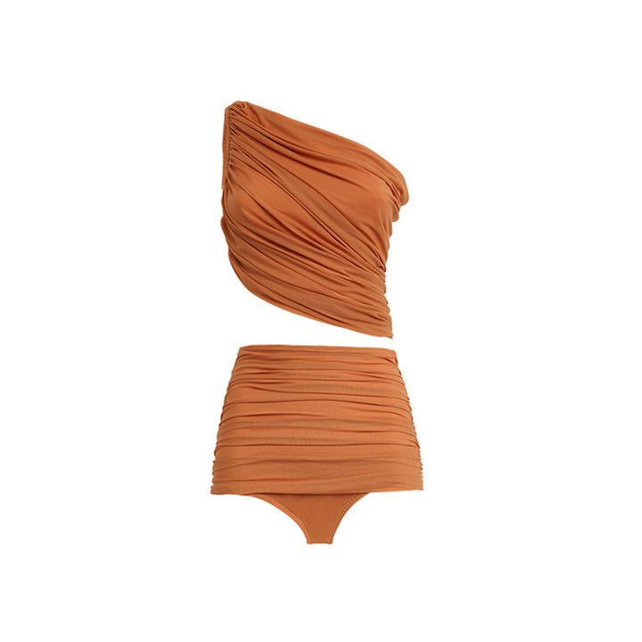 ruched one-shoulder bikini set with printed wrap sarong – DESERT