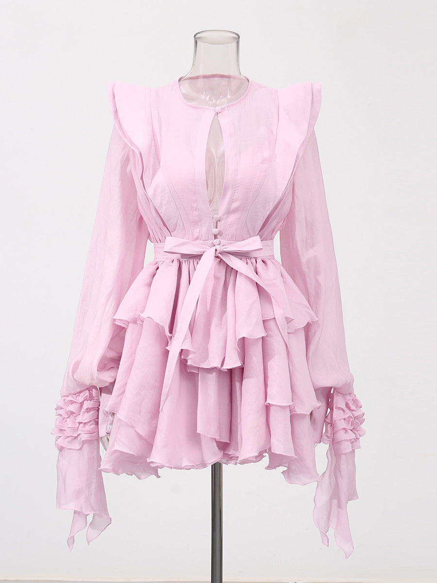 ruffled chiffon mini dress with waist tie – ROSALIE