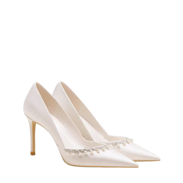 satin pointed-toe heels with pearl trim – ELARATU