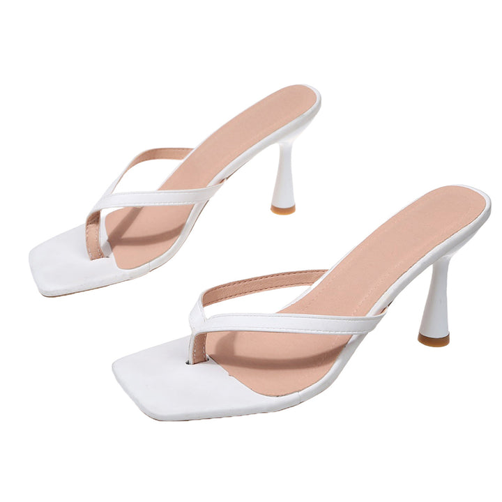 Elegant White Square-Toe Thong Heeled Sandals – Luna