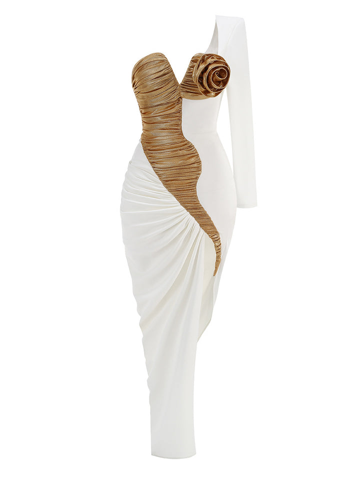 one-shoulder sculpted midi dress with ruched contrast panel and floral accent – AUREA
