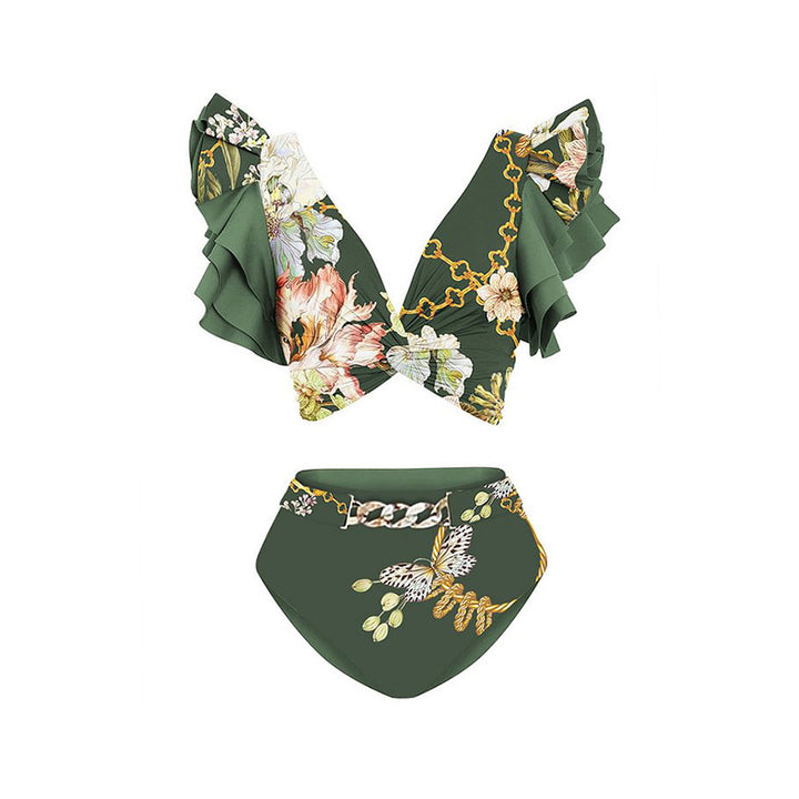 ruffle floral bikini with asymmetric wrap skirt – EMERALD