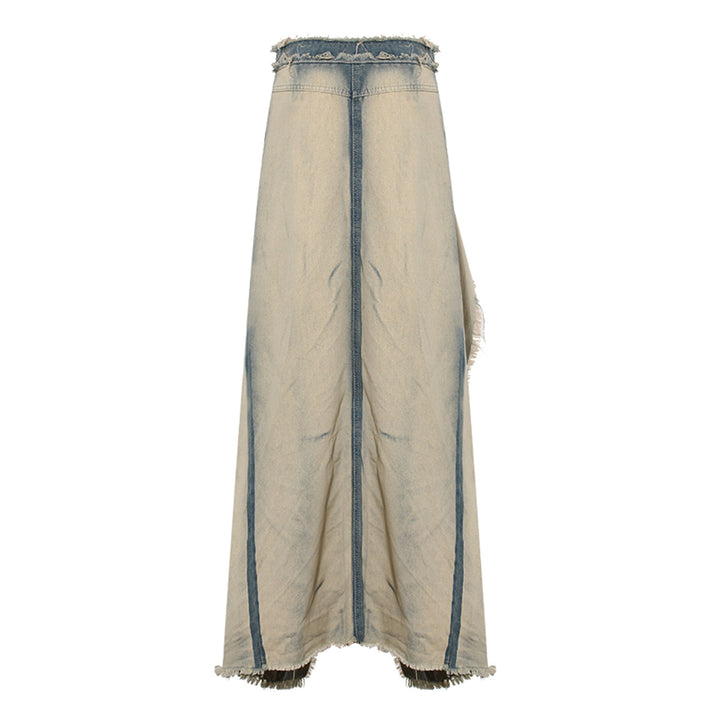 distressed denim maxi skirt with raw slit - Balthah