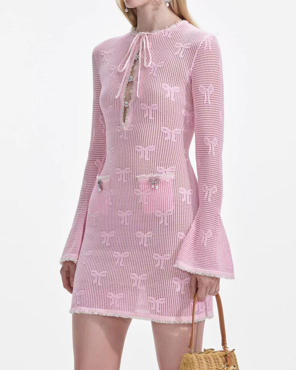 crochet flare-sleeve dress with bow-tie neckline – CELINERTA