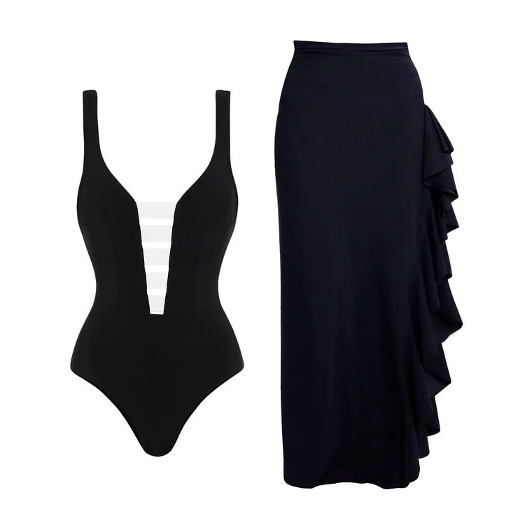deep plunge swimsuit with sheer panel and ruffle maxi skirt – SILHOUETTE