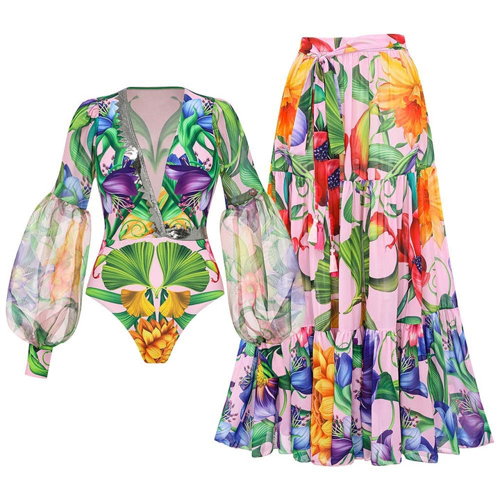 tropical sheer sleeve bodysuit with tiered maxi skirt – FLORELLA