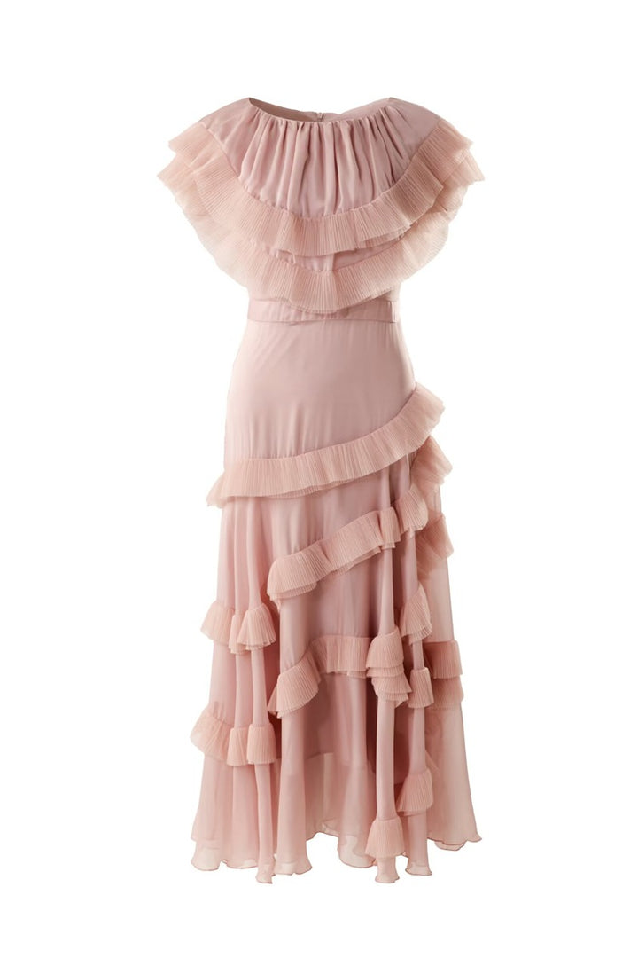 Ruffled chiffon midi dress with layered flounce details – BLUSHÉ