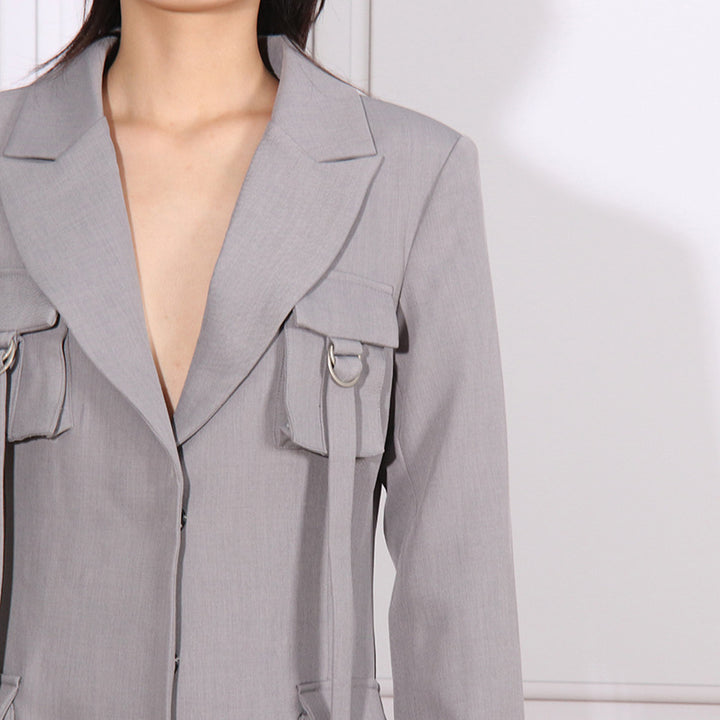 tailored long utility blazer dress with strap details – GRAYSON