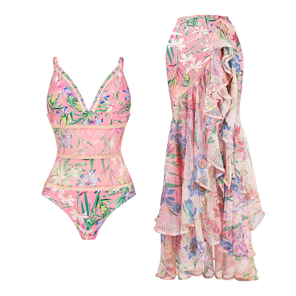 floral plunge one-piece swimsuit with layered mesh ruffle skirt set – PINK