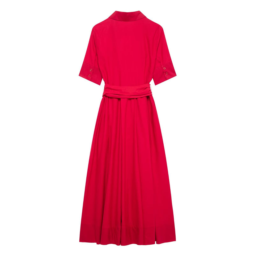 Elegant Belted Maxi Shirt Dress - Scarlet