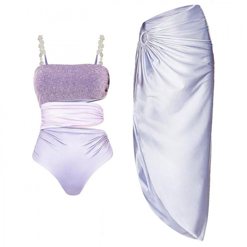 shimmer bandeau one-piece with ruched wrap skirt – LAVENDER