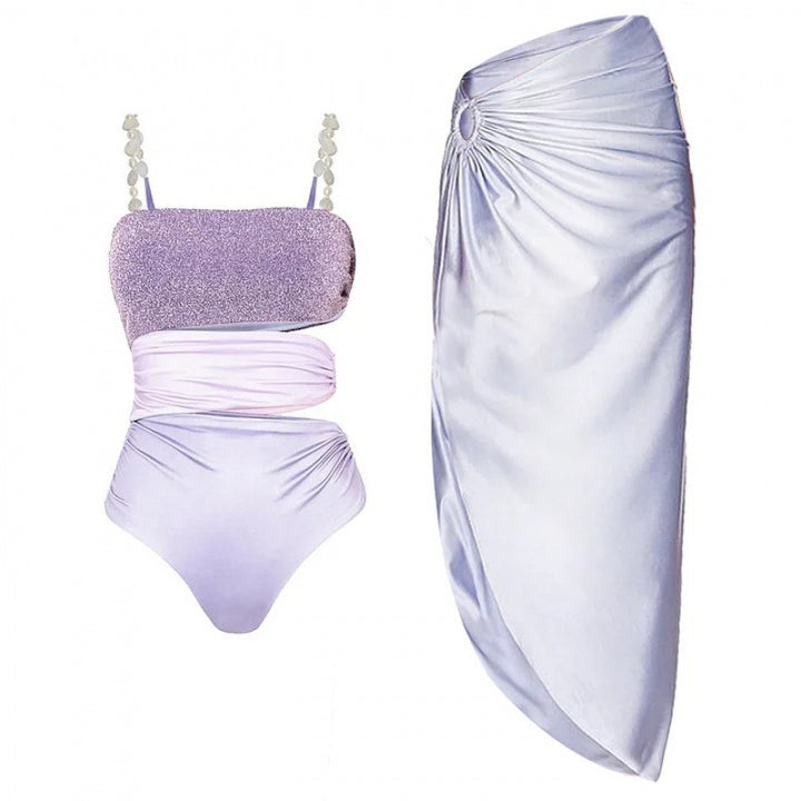 shimmer bandeau one-piece with ruched wrap skirt – LAVENDER