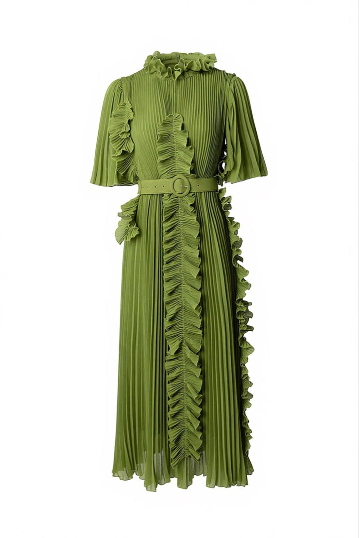 Pleated ruffle-trim maxi dress with belt – VERDENA
