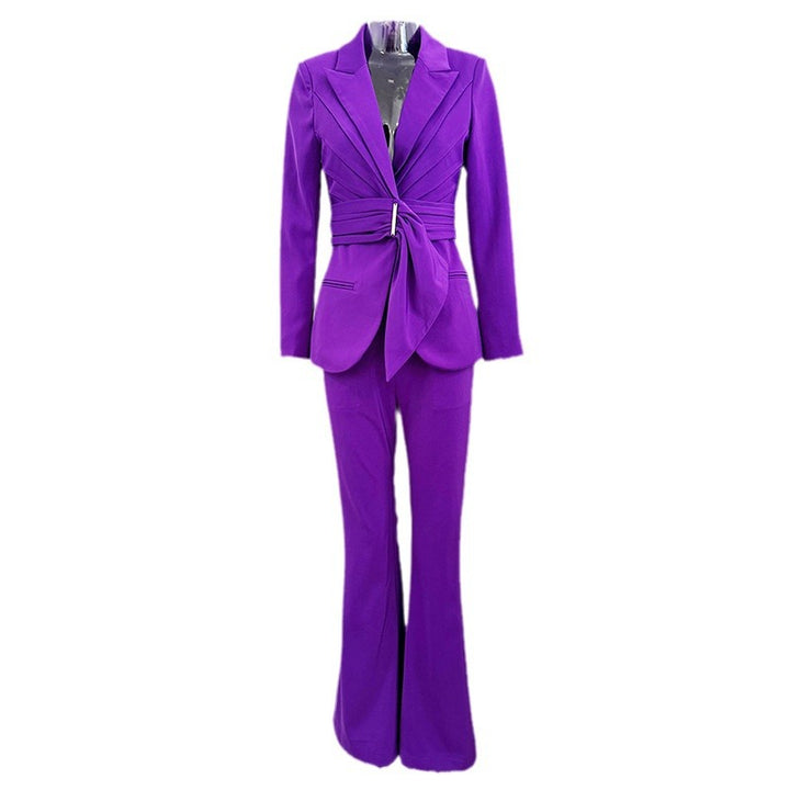 Draped belted blazer broekenset met uitlopende pijpen – Vronik 
