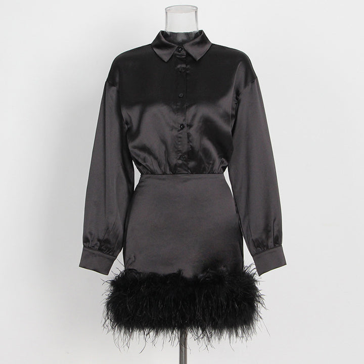satin shirt mini dress with feather hem – CHARM