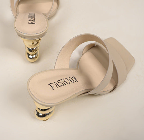 double strap mule sandals with sculpted metallic heel - FIORAZU