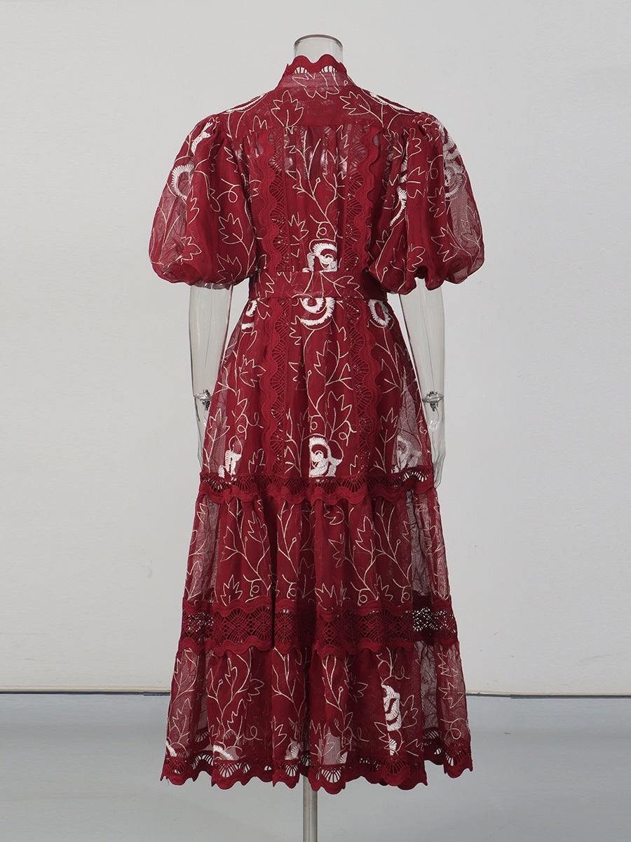 embroidered mesh tiered midi dress with belt – VELORA