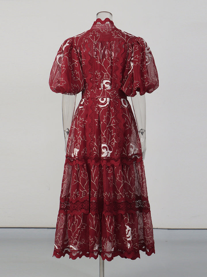 embroidered mesh tiered midi dress with belt – VELORA