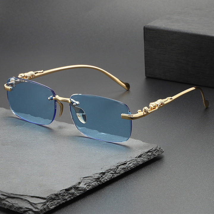 rectangular rimless sunglasses with gold panther arms – NOMR